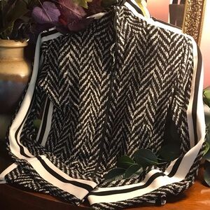 Norma Kamali black and white Herringbone zip up the front jacket w/shoulder pads